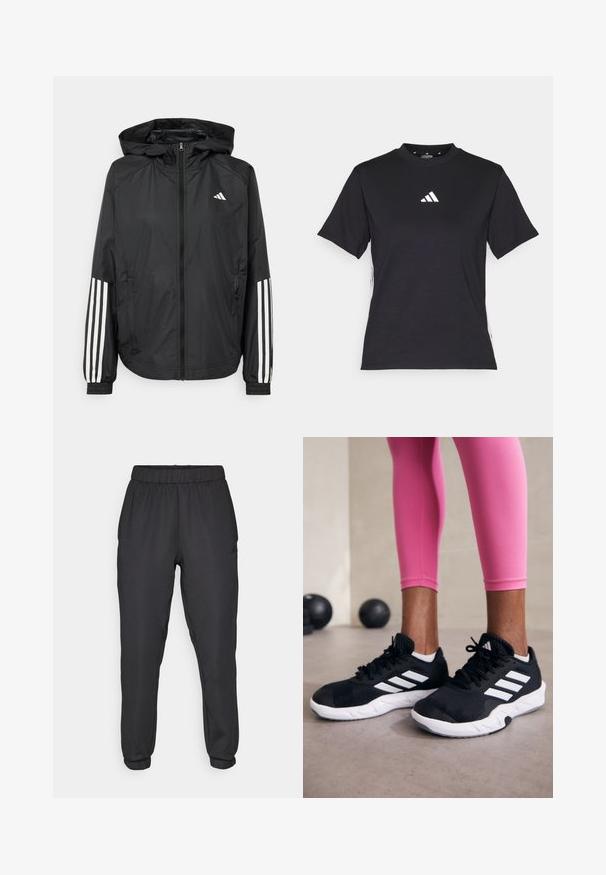 Svart lett jakke med hette, med full glidelås foran, elastiske mansjetter og hvite tre-stripes detaljer på ermene.; Svart T-skjorte med korte ermer laget av mykt stoff. Har en hvit Adidas-logo og kontrasterende hvite striper langs sidene.; Svarte atletiske joggebukser med elastisk midje og mansjetter. Glatt tekstur, med en logo på siden og smalnet passform.; Svarte treningssko med hvite striper, teksturert mesh-overdel og hvit såle. Brukt med rosa leggings, som viser frem treningsklær.
