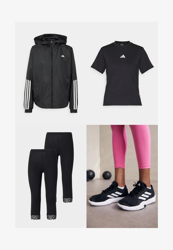 Casaco leve preto com capuz, apresentando um fecho de correr na frente, punhos elásticos e detalhes em branco com três riscas nas mangas.; T-shirt preto de manga curta feito de tecido macio. Apresenta um logo branco da Adidas e riscas brancas em contraste ao longo dos lados.; Leggings pretos com um design justo, apresentando detalhes em renda na bainha, feitos de um material suave e elástico.; Sapatos de treino pretos com riscas brancas, parte superior em malha texturizada e sola branca. Usados com leggings cor-de-rosa, destacando roupa de treino.