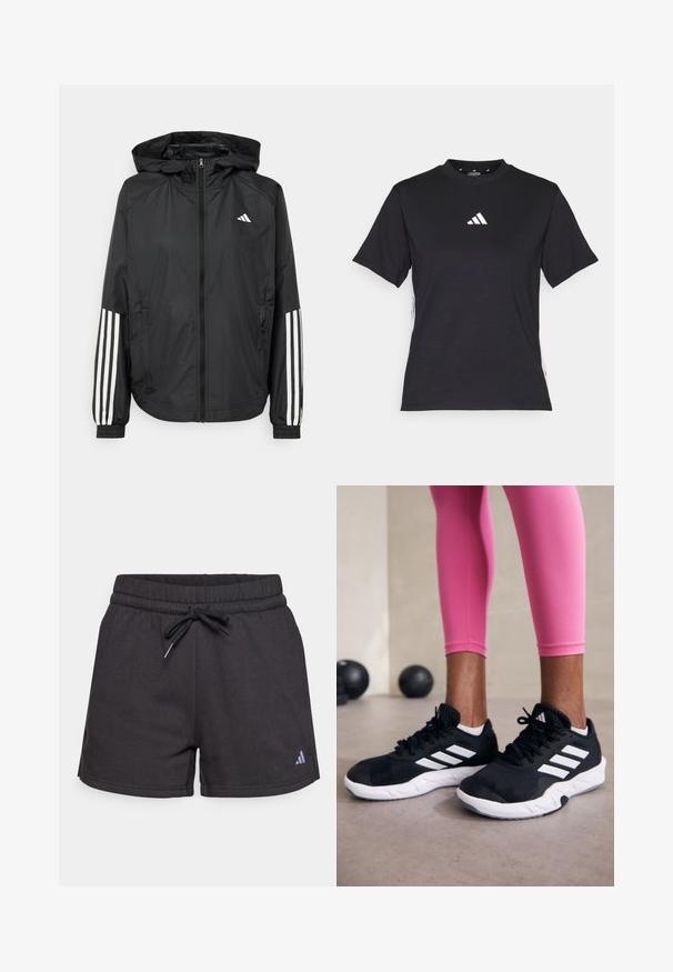 Svart lett jakke med hette, med full glidelås foran, elastiske mansjetter og hvite tre-stripes detaljer på ermene.; Svart T-skjorte med korte ermer laget av mykt stoff. Har en hvit Adidas-logo og kontrasterende hvite striper langs sidene.; Svarte treningsshorts laget av myk stoff, med elastisk midjebånd og snor, samt en liten logo på nederste side.; Svarte treningssko med hvite striper, teksturert mesh-overdel og hvit såle. Brukt med rosa leggings, som viser frem treningsklær.