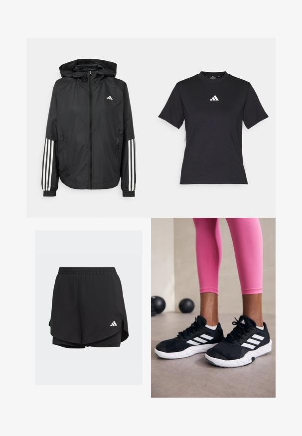Giacca leggera nera con cappuccio, caratterizzata da una zip frontale completa, polsini elastici e accenti bianchi a tre strisce sulle maniche.; T-shirt nero a maniche corte realizzato in tessuto morbido. Presenta un logo bianco Adidas e strisce bianche a contrasto lungo i lati.; Shorts sportivi neri con cintura elastica, design a strati, pantaloni interni aderenti e un logo bianco sul lato sinistro inferiore.; Scarpe da ginnastica nere con strisce bianche, parte superiore in mesh testurizzato e suola bianca. Indossate con leggings rosa, a mostrare abbigliamento per l'allenamento.