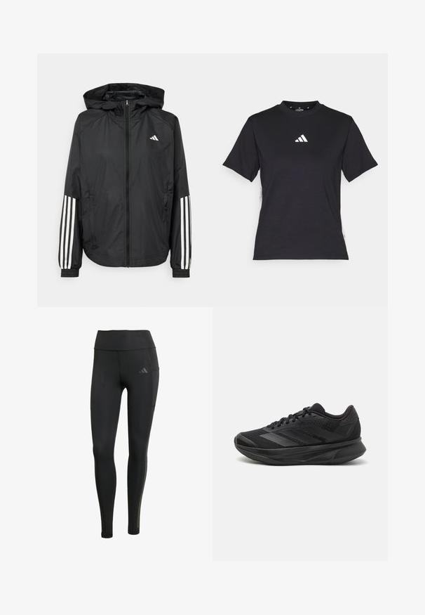 Melnā vieglā jaka ar kapuci, ar pilnu rāvējslēdzēju priekšā, elastīgām aprocēm un baltām trīs svītru akcentiem uz piedurknēm.; Melnā īsās piedurknēs T-kreklā, kas izgatavots no mīksta auduma. Ar baltu Adidas logo un kontrastējošām baltām svītrām sānos.; Melni sporta legingi, kas izgatavoti no elastīga materiāla, ar augstu jostasvietu, tonālo šuvju un mazu logo kreisajā augšējā kājā.; Melna skrienošā kurpe ar elpojošu sieta augšdaļu, noapaļotu purngalu, elegantu dizainu, teksturētām akcentiem un mīkstinošu zoli komfortam.