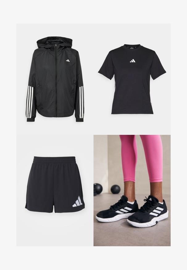 Melnā vieglā jaka ar kapuci, ar pilnu rāvējslēdzēju priekšā, elastīgām aprocēm un baltām trīs svītru akcentiem uz piedurknēm.; Melnā īsās piedurknēs T-kreklā, kas izgatavots no mīksta auduma. Ar baltu Adidas logo un kontrastējošām baltām svītrām sānos.; Melnas sporta šorti, kas izgatavoti no elpojoša auduma, ar elastīgu jostu un baltu Adidas logotipu apakšējā kreisajā pusē.; Melnas sporta kurpes ar baltām svītrām, teksturēta sieta augšdaļa un balta zole. Nēsātas ar rozā legingiem, demonstrējot treniņu apģērbu.