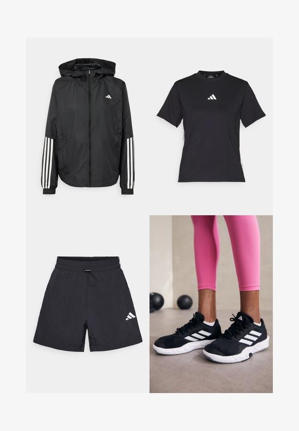 Melnā vieglā jaka ar kapuci, ar pilnu rāvējslēdzēju priekšā, elastīgām aprocēm un baltām trīs svītru akcentiem uz piedurknēm.; Melnā īsās piedurknēs T-kreklā, kas izgatavots no mīksta auduma. Ar baltu Adidas logo un kontrastējošām baltām svītrām sānos.; Melnas sporta bikses, izgatavotas no viegla materiāla, ar elastīgu jostu, saiti un baltu logotipa detaļu apakšējā pusē.; Melnas sporta kurpes ar baltām svītrām, teksturēta sieta augšdaļa un balta zole. Nēsātas ar rozā legingiem, demonstrējot treniņu apģērbu.