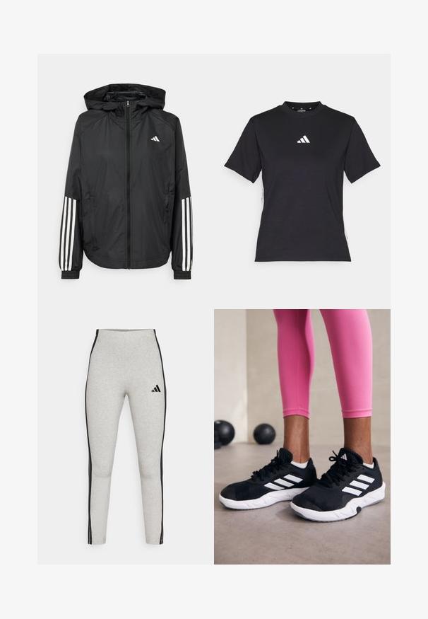 Juodas lengvas džemperis su gobtuvu, turi pilną užtrauktuką priekyje, elastingas rankovių gumytes ir baltus tris juostų akcentus ant rankovių.; Juodas trumpomis rankovėmis marškinėliai, pagaminti iš švelnios medžiagos. Yra baltas Adidas logotipas ir kontrastingos baltos juostos šonuose.; Pilkos aukštos juosmens leggingai su juodomis šoninėmis juostomis, pagaminti iš minkštos medžiagos. Priekyje yra mažas juodas "Adidas" logotipas.; Juodi sportiniai bateliai su baltais dryžiais, tekstūruota tinklinė viršutinė dalis ir balti padai. Dėvimi su rožiniais leggingais, demonstruojant treniruočių aprangą.