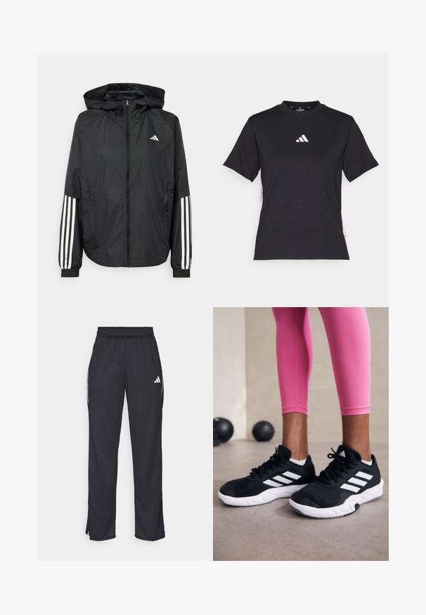 Black lightweight jacket with a hood, featuring a full zip front, elastic cuffs, and white three-stripe accents on sleeves.; Black short-sleeve T-shirt made of soft fabric. Features a white Adidas logo and contrasting white stripes along the sides.; Black athletic pants made of lightweight fabric, featuring an elastic waistband, white stripes along the sides, and logo detail.; Black athletic shoes with white stripes, textured mesh upper, and a white sole. Worn with pink leggings, showcasing training apparel.