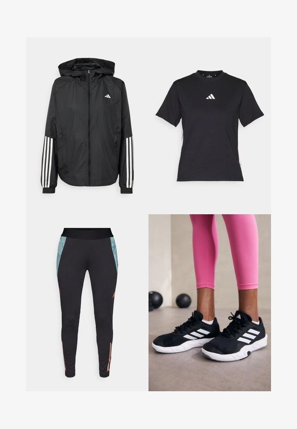 Casaco leve preto com capuz, apresentando um fecho de correr na frente, punhos elásticos e detalhes em branco com três riscas nas mangas.; T-shirt preto de manga curta feito de tecido macio. Apresenta um logo branco da Adidas e riscas brancas em contraste ao longo dos lados.; Calças de treino pretas com uma cintura alta, painéis laterais em turquesa claro e detalhes subtilmente corais nas pernas inferiores.; Sapatos de treino pretos com riscas brancas, parte superior em malha texturizada e sola branca. Usados com leggings cor-de-rosa, destacando roupa de treino.