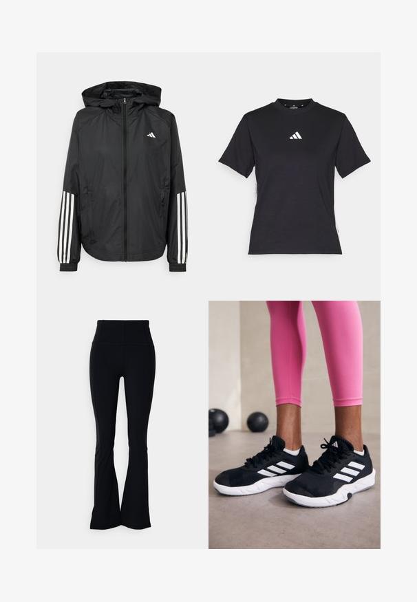 Čierna ľahká bunda s kapucňou, s celoprsným zipsom, elastickými manžetami a bielymi trojprúžkovými akcentmi na rukávoch.; Čierne tričko s krátkym rukávom vyrobené z mäkkej tkaniny. Obsahuje biele logo Adidas a kontrastné biele pruhy po stranách.; Čierne rozšírené legíny s vysokým pásom, vyrobené z hladkej a elastickej látky. Obsahujú vertikálne švy pre zvýraznenie dizajnu.; Čierne atletické topánky s bielymi pruhmi, textúrovaný sieťovaný zvršok a biela podrážka. Nosené s ružovými legínami, ukazujúce tréningové oblečenie.