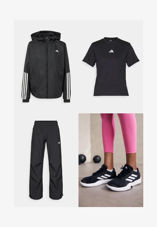 Fekete, könnyű dzseki kapucnival, teljes cipzárral, elasztikus mandzsettákkal és fehér, háromcsíkkal díszített ujjakon.; Fekete, rövid ujjú póló puha anyagból. Fehér Adidas logóval és kontrasztos fehér csíkokkal az oldalin.; Fekete, könnyű, vízálló nadrág elasztikus derékrésszel, oldalsó zsebekkel és állítható mandzsettákkal. A bal combon fehér logó található.; Fekete sportcipők fehér csíkokkal, texturált hálós felsőrésszel és fehér talppal. Rózsaszín leggings-szel viselve, bemutatva az edzőruhákat.