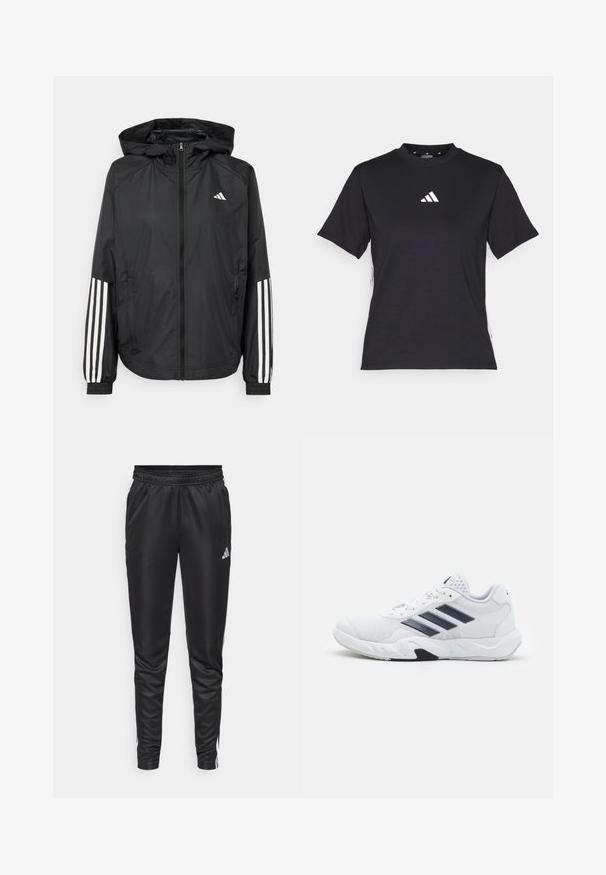 Mustikas kerge jope kapuutsiga, eesmise täispika zipiga, elastsete varrukate ja valgete kolme triibu aktsentidega varrukatel.; Must have lühikeste varrukatega T-särk, mis on valmistatud pehmest kangast. Esiküljel on valge Adidas logo ja kontrastsed valged triibud külgedel.; Mustad mustrehvatus püksid, mis on valmistatud siledast ja kergest kangast, elastse vöökohtaga ja valgete külgtriipudega, vasakul reitel on väike logo.; Valge spordijalats, millel on võrkpealne, kolm musta triipu küljepeal, tekstuuriga aktsendid ning tugev kummist tallaosa, millel on kontrastne must osa.