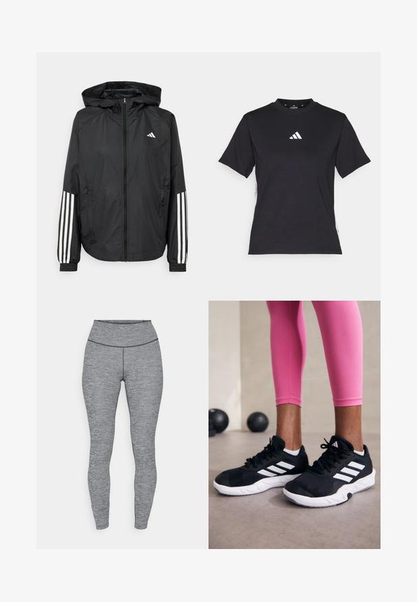 Crna lagana jakna s kapuljačom, s punim zdravo zatvaranjem, elastičnim manžetama i bijelim trostrukim trakama na rukavima.; Crna kratka majica s kratkim rukavima izrađena od mekog materijala. Ima bijeli Adidas logo i suprotstavljene bijele pruge duž strana.; Sive tajice viskog struka s teksturiranom tkaninom. Dizajnirane za prilagodljiv oblik, s bešavnom elastičnom trakom i bez vidljivih dodataka.; Crne atletske cipele s bijelim prugama, gornji dio od teksturirane mrežaste tkanine i bijelim potplatom. Nošene uz ružičaste tajice, prikazujući trenirku.