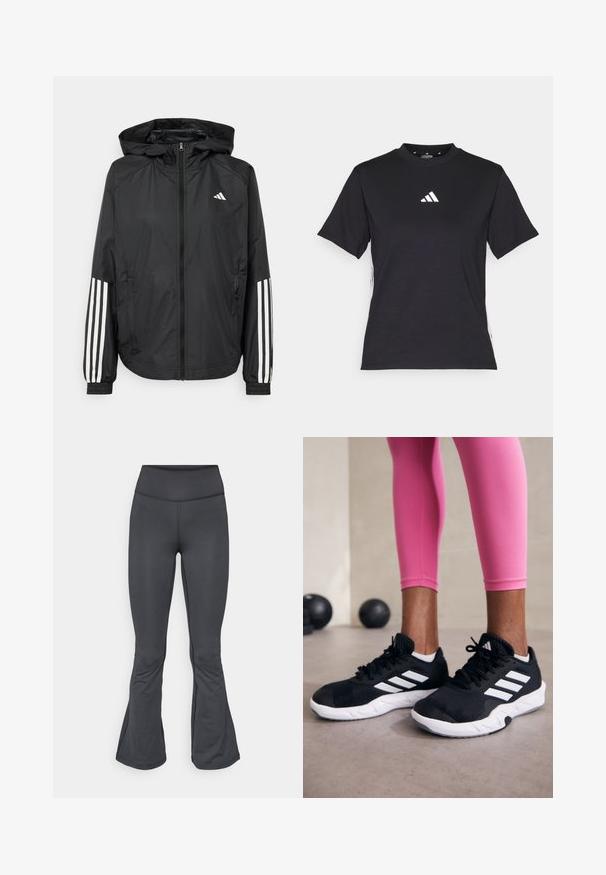 Črna lahka jakna s kapuco, z polnim zadrgo spredaj, elastikami na zapestjih in belimi tridelnimi poudarki na rokavih.; Črna kratkotrajna majica z mehkimi tkaninami. Ima bel logo Adidas in kontrastne bele črte ob straneh.; Sive legice z zasukanim dnom, narejene iz gladkega, raztegljivega materiala, s högim pasom in brezšivno konstrukcijo.; Črne športne čevlje z belimi črtami, teksturirano mrežasto zgornjišče in belo podplat. Obuti z roza legginsom, ki prikazujejo športno obleko.