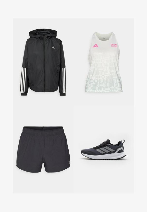 Črna lahka jakna s kapuco, z polnim zadrgo spredaj, elastikami na zapestjih in belimi tridelnimi poudarki na rokavih.; adidas Performance BER25 AOP TK W - Top - crystal jade; Črne športne kratke hlače iz zračnega materiala z elastičnim pasom, ki imajo subtilno perforirano teksturo in majhen logotip.; Črne atletske čevlje z mrežastim zgornjim delom, belim srednjim podplatom, teksturiranim gumijastim podplatom in tremi sivimi črtami na strani. Imajo vezalke in zanko za pomoč pri obuvanju.