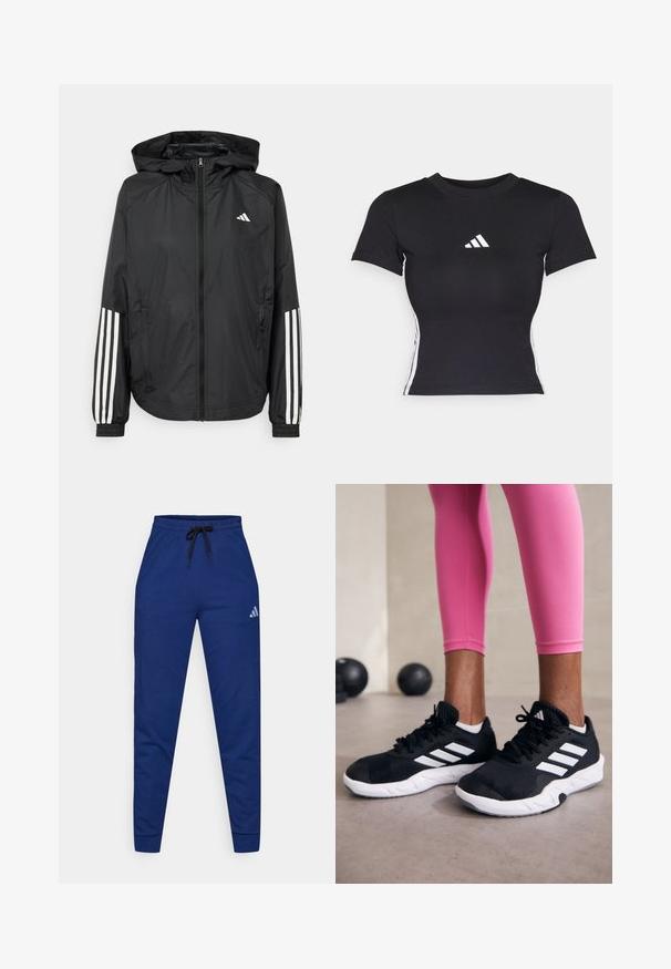 Juodas lengvas džemperis su gobtuvu, turi pilną užtrauktuką priekyje, elastingas rankovių gumytes ir baltus tris juostų akcentus ant rankovių.; Juodas prigludęs marškinėliai, pagaminti iš lygios medžiagos. Turi trumpas rankoves ir baltą adidas logotipą krūtinėje. Baltos juostelės šoninėse.; Mėlyni medvilniniai sportiniai kelnių su elastiniu liemeniu, reguliuojamu juodu raiščiu ir mažyčiu baltu logotipu kairiajame šlaunyje. Prigludusi forma.; Juodi sportiniai bateliai su baltais dryžiais, tekstūruota tinklinė viršutinė dalis ir balti padai. Dėvimi su rožiniais leggingais, demonstruojant treniruočių aprangą.