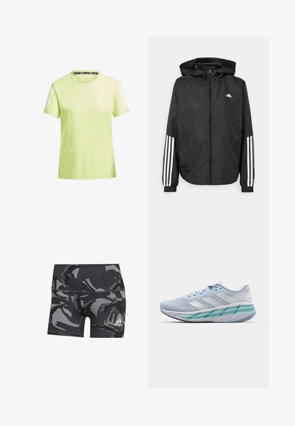 Schwarze, leichte Jacke mit Kapuze, die einen durchgehenden Reißverschluss, elastische Bündchen und weiße dreistreifige Akzente an den Ärmeln aufweist.; Hellgrünes Sport-T-Shirt aus atmungsaktivem Material. Mit weißen Streifen an den Ärmeln und einem schwarzen "RUNNING"-Label am Halsausschnitt.; Schwarze und graue Camouflage-Sportshorts mit passgenauer Passform, weichem Material und einem in Weiß auf der unteren rechten Seite gedruckten Adidas-Logo.; Helle blaue Sportschuhe mit einem strukturierten Strickobermaterial, weißen Akzenten und einer transparenten grünen Zwischensohle. Abgerundete Zehenpartie und gepolsterter Schaft.