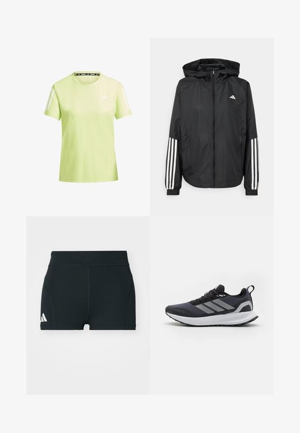 Black lightweight jacket with a hood, featuring a full zip front, elastic cuffs, and white three-stripe accents on sleeves.; Light green athletic t-shirt made from breathable material. Features white stripes on sleeves and a black "RUNNING" label on the neckline.; Black athletic shorts made of stretchy fabric, featuring a high waistband, fitted shape, and white Adidas logo on the left side.; Black athletic shoe with mesh upper, white midsole, textured rubber outsole, and three grey stripes on the side. Features laces and a pull tab.