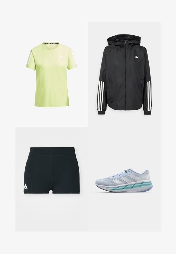 Schwarze, leichte Jacke mit Kapuze, die einen durchgehenden Reißverschluss, elastische Bündchen und weiße dreistreifige Akzente an den Ärmeln aufweist.; Hellgrünes Sport-T-Shirt aus atmungsaktivem Material. Mit weißen Streifen an den Ärmeln und einem schwarzen "RUNNING"-Label am Halsausschnitt.; Schwarze Sportshorts aus elastischem Material, mit hohem Bund, taillierter Form und weißem Adidas-Logo auf der linken Seite.; Helle blaue Sportschuhe mit einem strukturierten Strickobermaterial, weißen Akzenten und einer transparenten grünen Zwischensohle. Abgerundete Zehenpartie und gepolsterter Schaft.