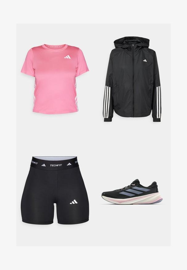 Mustikas kerge jope kapuutsiga, eesmise täispika zipiga, elastsete varrukate ja valgete kolme triibu aktsentidega varrukatel.; Roosa sport shimmering t-särk lühikeste varrukatega, sile tekstuur, ümmargune kaelus ja valge logo rinnal. Sellel on triibulised aktsendid külgedel.; Mustad mustad mustarid elastse materjaliga, millel on kehaümberpüüdmisel põhinev disain. Omab laia musta kummivöötlust, millel on kiri "TECHFIT" ja valge logo jalal.; Musts jooksujalanõud, millel on võrgusilmast ülemine osa, heledad lillad aktsendid ja kolm horisontaalset halli triipu. Omab mugavat polsterdatud tallat.