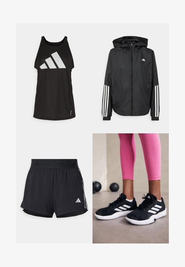 Zwarte lichtgewicht jas met een capuchon, met een volledige ritssluiting aan de voorkant, elastische manchetten en witte accenten met drie strepen op de mouwen.; Zwarte tanktop met een geribbelde textuur en een groot wit Adidas-logo op de voorkant. Rond de halslijn en een losse pasvorm.; Zwarte sportshorts met een elastische tailleband, voorzien van een gestructureerde band, zijstrepen en een wit Adidas-logo op de onderrand.; Zwarte sportschoenen met witte strepen, structuur-mesh bovenwerk en een witte zool. Draagt bij roze leggings, die trainin gskleding laten zien.