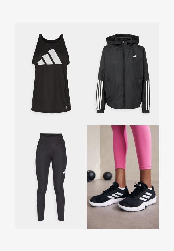 Black lightweight jacket with a hood, featuring a full zip front, elastic cuffs, and white three-stripe accents on sleeves.; Black tank top features a ribbed texture with a large white Adidas logo on the front. Rounded neckline and loose fit design.; Black high-waisted leggings made from smooth, stretchy fabric, featuring a white logo on the left side. Fitted design with no patterns.; Black athletic shoes with white stripes, textured mesh upper, and a white sole. Worn with pink leggings, showcasing training apparel.