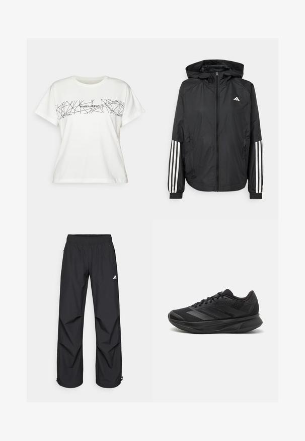 Chaqueta ligera negra con capucha, que cuenta con un cierre frontal de cremallera completa, puños elásticos y acentos blancos de tres rayas en las mangas.; Camiseta blanca de manga corta fabricada en algodón, con un diseño geométrico negro y el texto "Mizuno" en el pecho. Corte regular, cuello redondo.; Pantalones negros, ligeros, impermeables, con una cintura elástica, bolsillos laterales y puños ajustables. Presenta un logo blanco en el muslo izquierdo.; Zapatilla de running negra con parte superior de malla transpirable, punta redondeada, diseño elegante, acentos texturizados y suela acolchada para mayor comodidad.