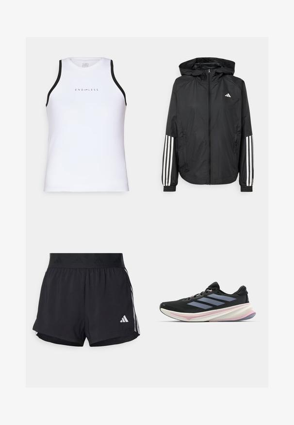 Schwarze, leichte Jacke mit Kapuze, die einen durchgehenden Reißverschluss, elastische Bündchen und weiße dreistreifige Akzente an den Ärmeln aufweist.; Endless ESSENTIAL - Top - white; Schwarze Sportshorts mit einem elastischen Bund, ausgestattet mit einem strukturierten Band, seitlichen Streifen und einem weißen Adidas-Logo am unteren Saum.; Schwarze Sportschuhe mit Mesh-Obermaterial, grauen Streifen, weißer Zwischensohle mit pinkfarbenen Akzenten und einer strukturierten Laufsohle.