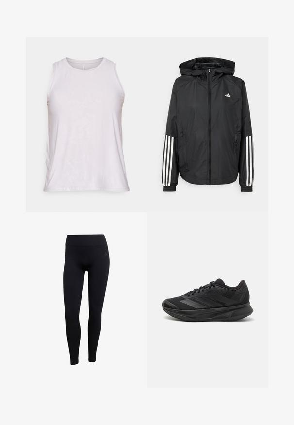 Zwarte lichtgewicht jas met een capuchon, met een volledige ritssluiting aan de voorkant, elastische manchetten en witte accenten met drie strepen op de mouwen.; Lichtroze mouwloze tanktop met een ronde halslijn, zachte stof en een subtiele textuur. Rechte zoom zonder zichtbare merknaam of accenten.; Zwarte sportleggings van rekbaar materiaal, met een hoge tailleband, een aansluitend ontwerp en ribbelige enkelmanchetten. Subtiele merklogo.; Zwarte hardloopschoen met een ademende mesh bovenkant, ronde neus, slank ontwerp, textuuraccenten en een gevoerde zool voor comfort.