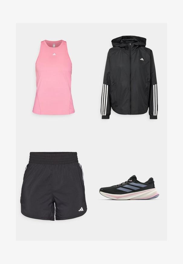 Čierna ľahká bunda s kapucňou, s celoprsným zipsom, elastickými manžetami a bielymi trojprúžkovými akcentmi na rukávoch.; Ružová športová tielko vyrobené z priedušnej látky. Má okrúhly výstrih a bezrukávový dizajn, s malým bielym logom na hrudi.; Čierne športové šortky s elastickým pásom, bočnými vreckami a bielymi pruhmi po stranách. Vyrobené z ľahkého materiálu.; Čierna bežecká obuv s hornou časťou z sieťoviny, svetlofialovými akcentmi a tromi horizontálnymi sivými pruhmi. Vyššia podrážka zabezpečuje pohodlie.