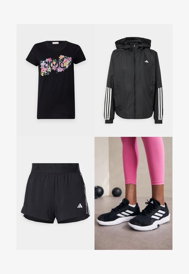 Sort letvægtsjakke med hætte, der har fuld lynlås fortil, elastiske manchetter og hvide tre-stribede detaljer på ærmerne.; Sort kortærmet t-shirt lavet af bomuld. Har et farverigt blomsterprint med ordet "LIU JO" i midten, med varierende blomsterformer og design.; Sorte sport shorts med elastisk talje, der har et tekstureret bånd, sidestreger og et hvidt Adidas-logo på den nederste kant.; Sorte sportssko med hvide striber, tekstureret mesh-overdel og en hvid sål. Bæres med pink leggings, der fremhæver træningstøj.
