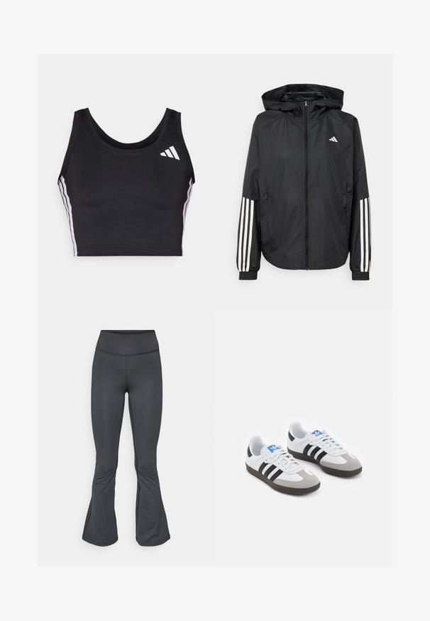 Schwarze, leichte Jacke mit Kapuze, die einen durchgehenden Reißverschluss, elastische Bündchen und weiße dreistreifige Akzente an den Ärmeln aufweist.; Schwarzes Sport-Crop-Top aus dehnbarem Material. Mit rundem Ausschnitt, weißen Seitestreifen und einem kleinen weißen Logo oben links.; Graue Leggings mit ausgestelltem Saumdesign, aus glattem, stretchy Material hergestellt, mit hoher Taille und nahtloser Verarbeitung.; Sportschuhe mit einem Obermaterial aus weißem Leder, grauer Wildleder-Zehenkappe und drei schwarzen Streifen. Sie verfügen über ein blaues Logo auf der Zunge und eine strukturierte Gummisohle.