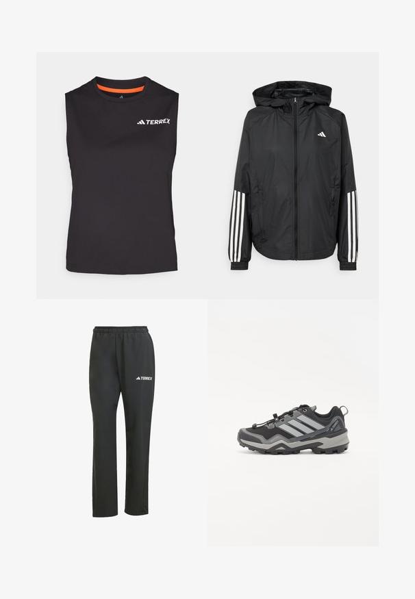 Black lightweight jacket with a hood, featuring a full zip front, elastic cuffs, and white three-stripe accents on sleeves.; Sleeveless black athletic shirt made from moisture-wicking fabric. Features orange accent on the collar and "TERREX" logo printed in white.; Black lightweight pants with an elastic waistband. Features a subtle “TERREX” logo in white. Smooth fabric and straight-leg design.; Black and grey hiking shoe with a textured surface, rubber sole, and three prominent grey stripes on the side; features a quick-lace system.