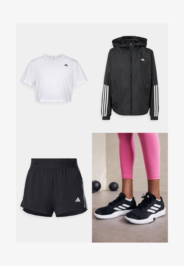 Mustikas kerge jope kapuutsiga, eesmise täispika zipiga, elastsete varrukate ja valgete kolme triibu aktsentidega varrukatel.; Valge lühikeste varrukatega krobitud t-särk, mis on valmistatud pehmest kangast ja millel on ümmargune kaelus. Vasakul rinnal must logo.; Musta sportlikud lühikesed püksid elastse vöökohtaga, millel on tekstuuriga riba, külgmised triibud ja alumises servas valge Adidas'i logo.; Mustad must sportlikud jalanõud valgete triipudega, tekstureeritud võrkkattega ülemine osa ja valge tallaga. Kombineeritud roosade retuusidega, tutvustades treeningriideid.