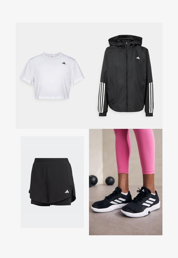 Mustikas kerge jope kapuutsiga, eesmise täispika zipiga, elastsete varrukate ja valgete kolme triibu aktsentidega varrukatel.; Valge lühikeste varrukatega krobitud t-särk, mis on valmistatud pehmest kangast ja millel on ümmargune kaelus. Vasakul rinnal must logo.; Mustad mustad lühikesed sportpüksid elastse vöökoha, kihilise disaini, sisemise sobiva lühiässa ja valge logoga vasakul alumisel küljel.; Mustad must sportlikud jalanõud valgete triipudega, tekstureeritud võrkkattega ülemine osa ja valge tallaga. Kombineeritud roosade retuusidega, tutvustades treeningriideid.