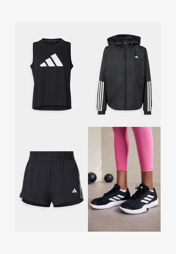 Zwarte lichtgewicht jas met een capuchon, met een volledige ritssluiting aan de voorkant, elastische manchetten en witte accenten met drie strepen op de mouwen.; Zwart mouwloos sporttop gemaakt van gladde stof, met een groot wit Adidas-logo en drie diagonale strepen op de voorkant.; Zwarte sportshorts met een elastische tailleband, voorzien van een gestructureerde band, zijstrepen en een wit Adidas-logo op de onderrand.; Zwarte sportschoenen met witte strepen, structuur-mesh bovenwerk en een witte zool. Draagt bij roze leggings, die trainin gskleding laten zien.