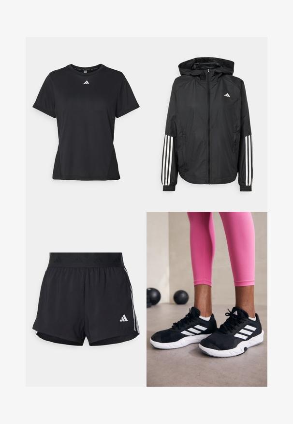 Jachetă ușoară neagră cu glugă, cu fermoar pe întreaga lungime, manșete elastice și accente albe cu trei dungi pe mâneci.; Tricou sport negru cu mâneci scurte, decolteu rotund și un logo alb pe piept. Fabricat dintr-un material neted și elastic.; Shorts de atletism negri cu un brâu elastic, având o bandă texturată, dungi laterale și un logo alb Adidas pe tivul de jos.; Adidași negri cu dungi albe, suprafață din plasă texturată și talpă albă. Purtați cu colanți roz, evidențiind îmbrăcămintea sport.