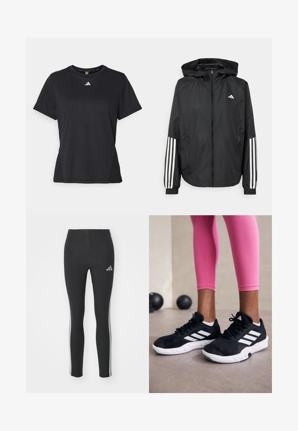 Čierna ľahká bunda s kapucňou, s celoprsným zipsom, elastickými manžetami a bielymi trojprúžkovými akcentmi na rukávoch.; Čierne športové tričko s krátkymi rukávmi, okrúhlym výstrihom a bielym logom na hrudi. Vyrobené z hladkej, elastickej látky.; Čierne legíny vyrobené z elastického materiálu s bielymi bočnými pruhmi a malým reflexným logom na ľavej hornej strane.; Čierne atletické topánky s bielymi pruhmi, textúrovaný sieťovaný zvršok a biela podrážka. Nosené s ružovými legínami, ukazujúce tréningové oblečenie.