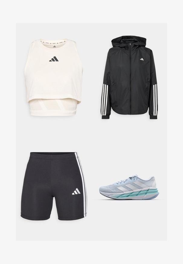 Zwarte lichtgewicht jas met een capuchon, met een volledige ritssluiting aan de voorkant, elastische manchetten en witte accenten met drie strepen op de mouwen.; Witte sportieve crop tanktop gemaakt van ademend materiaal. Beschikt over een ronde halslijn, geperforeerde textuur en een zwart logo aan de voorkant.; Zwarte sportshorts van rekbare stof, met witte zijstrips en een Adidas-logo op de onderkant van het rechterbeen. Als een gladde textuur.; Lichtblauwe sportschoenen met een gestructureerde breitbovenkant, witte accenten en een doorzichtige groene tussenzool. Ronde neus en gevoerde kraag.