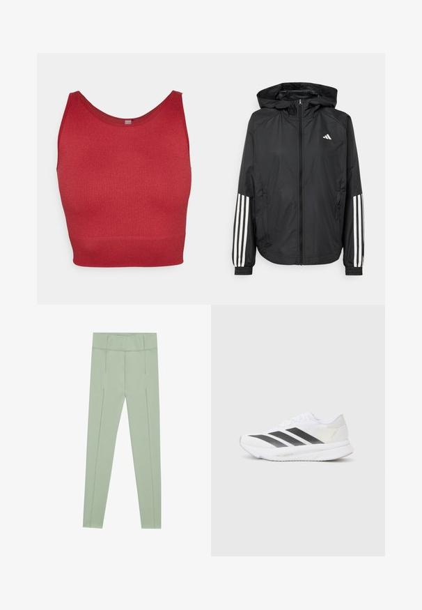 Juodas lengvas džemperis su gobtuvu, turi pilną užtrauktuką priekyje, elastingas rankovių gumytes ir baltus tris juostų akcentus ant rankovių.; ONLY Play ONPJAIA LIFE SEAM SHORT - Viršus - sun-dried tomato; Šviesiai žalios leggings' su lygiu paviršiumi, turinčios vertikalias siūles ir aukštą juosmenį. Pagamintos iš elastingo audinio patogumui.; Baltos sportinės bateliai su juodomis įstrižainėmis, tinklinė viršutinė dalis, apvalus pirštas ir tekstūruotas padas. Priedai apima sidabrinį kulną ir minimalistinį dizainą.