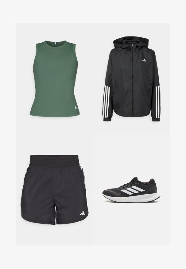 Casaco leve preto com capuz, apresentando um fecho de correr na frente, punhos elásticos e detalhes em branco com três riscas nas mangas.; Björn Borg ACE TANK POCKET - Top - cilantro; Calções de desporto pretos com um cós elástico, bolsos laterais e detalhes em lista branca nas laterais. Feitos de material leve.; Shoe desportivo preto com parte superior em malha, bico redondo e três riscas brancas de lado. Sola leve com sola de borracha texturizada para aderência.