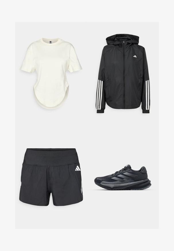 Černá lehká bunda s kapucí, která má plný zip vpředu, elastické manžety a bílé třípruhové akcenty na rukávech.; Krémové tričko vyrobené z bavlny, s krátkými rukávy, zaobleným lemováním a volným střihem se zdobným vrstveným detailem na spodním okraji.; Černé sportovní šortky s širokým elastickým pasem, lehkou tkaninou a bílými logy na dolní straně.; Černá sportovní bota s texturovaným síťovaným svrškem, reflexními akcenty, polstrovanou podešví a aerodynamickým designem. Obsahuje logo se třemi pruhy.