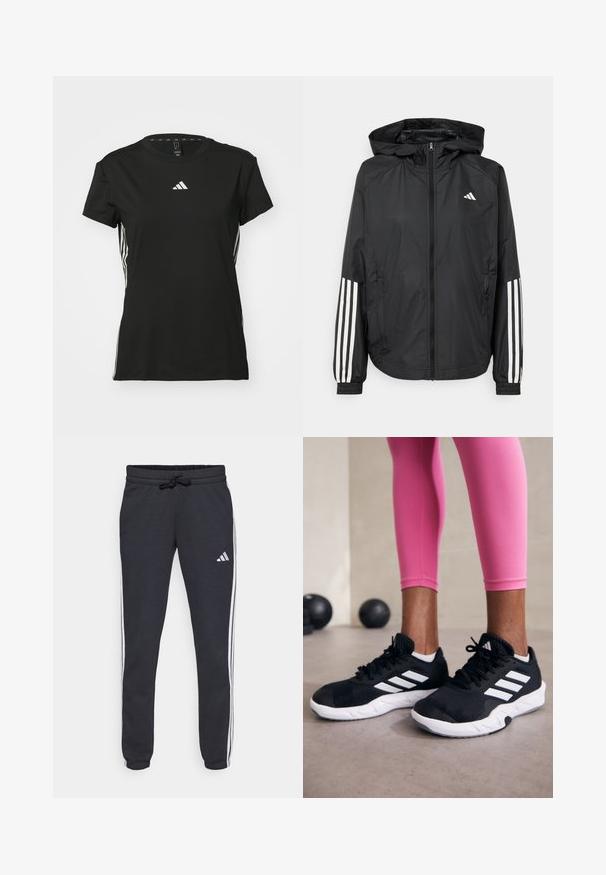 Veste légère noire avec capuche, dotée d'une fermeture à glissière intégrale, de poignets élastiques et d'accents blancs à trois rayures sur les manches.; T-shirt de sport noir à manches courtes, fabriqué en matériau synthétique. Présente un petit logo blanc sur la poitrine et des rayures blanches sur les côtés.; Pantalons de survêtement navy en tissu doux, dotés de rayures blanches sur les côtés, d'une taille ajustable avec cordon de serrage, et d'un petit logo sur la cuisse gauche.; Baskets de sport noires avec des rayures blanches, tige en mesh texturé et semelle blanche. Portées avec des leggings roses, mettant en valeur des vêtements d'entraînement.