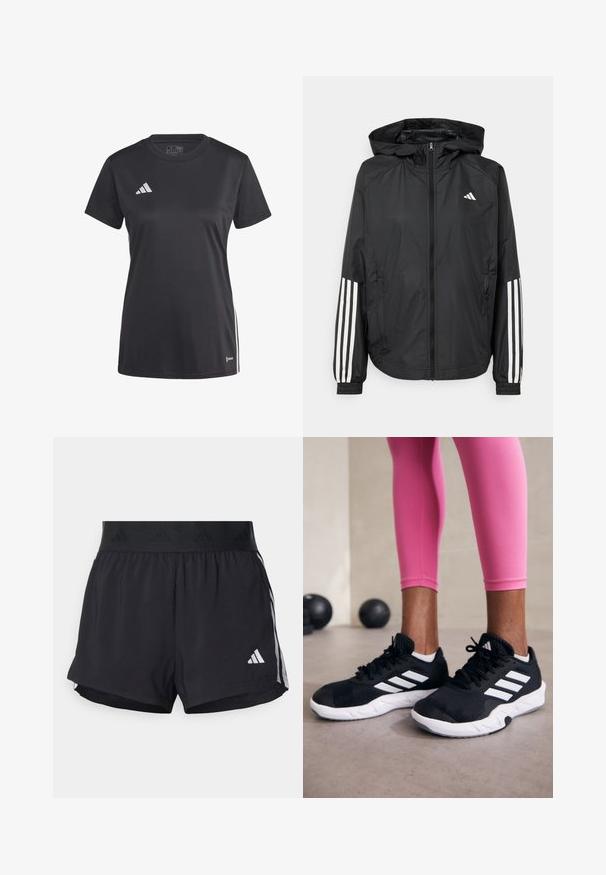 Chaqueta ligera negra con capucha, que cuenta con un cierre frontal de cremallera completa, puños elásticos y acentos blancos de tres rayas en las mangas.; Camiseta deportiva negra de manga corta, hecha de un tejido que absorbe la humedad, con paneles de malla laterales y detalles de logotipo en blanco.; Pantalones cortos deportivos negros con una cintura elástica, que presentan una banda texturizada, rayas laterales y un logo blanco de Adidas en el dobladillo inferior.; Zapatillas deportivas negras con rayas blancas, parte superior de malla texturizada y suela blanca. Combinadas con leggings rosa, exhibiendo ropa de entrenamiento.