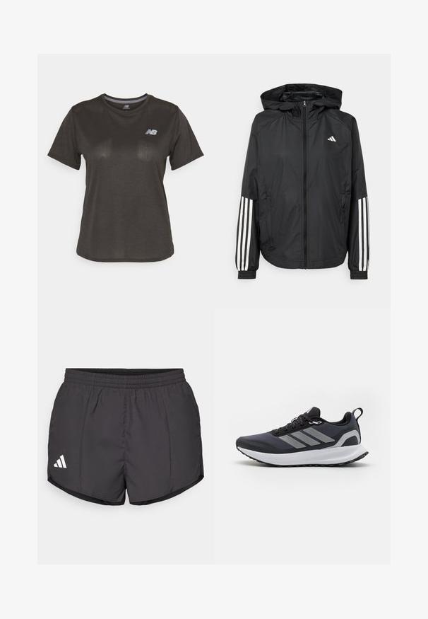 Casaco leve preto com capuz, apresentando um fecho de correr na frente, punhos elásticos e detalhes em branco com três riscas nas mangas.; T-shirt atlético preto com mangas curtas, feito de um tecido leve. Apresenta um padrão texturizado subtil e um pequeno logotipo branco no peito.; Calções atléticos pretos feitos de tecido leve, com um cós elástico e um logo branco da Adidas no canto inferior esquerdo.; Sapatilha desportiva preta com parte superior de malha, sola intermédia branca, sola de borracha texturizada e três riscas cinzentas de lado. Apresenta atacadores e uma alça.