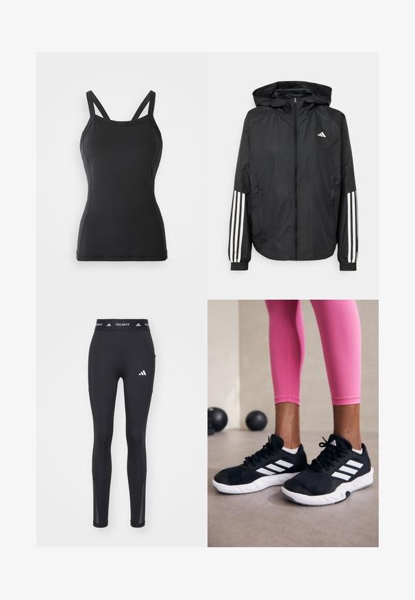 Svart lett jakke med hette, med full glidelås foran, elastiske mansjetter og hvite tre-stripes detaljer på ermene.; Svart tanktopp med et figursydd design, laget av glatte stoffer. Har tynne, justerbare stropper og rund halslinning. Ingen mønstre eller detaljer.; Sorte atletiske tights med en tettsittende design, laget av elastisk materiale, med en logo ved hoften og mesh-detaljer ved anklene.; Svarte treningssko med hvite striper, teksturert mesh-overdel og hvit såle. Brukt med rosa leggings, som viser frem treningsklær.