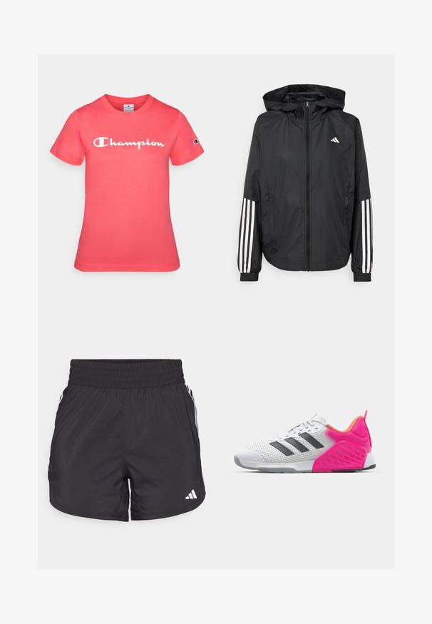 Čierna ľahká bunda s kapucňou, s celoprsným zipsom, elastickými manžetami a bielymi trojprúžkovými akcentmi na rukávoch.; T-shirt s krátkym rukávom v jasnej koralovej farbe, vyrobený z bavlny, s bielym logom "Champion" na hrudi a emblemom na rukáve.; Čierne športové šortky s elastickým pásom, bočnými vreckami a bielymi pruhmi po stranách. Vyrobené z ľahkého materiálu.; Biele športové topánky so sivými pruhmi, sieťovinovým zvrškom a ružovou pätou a akcentmi. Obsahujú textúrovanú pätu a gumovú podrážku. Šnúrky a vypolstrovaný golier.