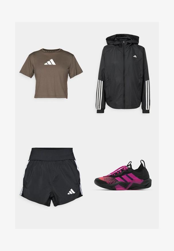 Juodas lengvas džemperis su gobtuvu, turi pilną užtrauktuką priekyje, elastingas rankovių gumytes ir baltus tris juostų akcentus ant rankovių.; Ruda trumpa marškinėlių bluzonė su trumpomis rankovėmis, apvaliu iškirpimu ir balta Adidas logo priekyje. Lygaus audinio tekstūra.; Juodi sportiniai šortai, pagaminti iš lengvo audinio, su plačiu juosmeniu, baltais šonų dryžiais ir maža balta logo apatinėje siūlės dalyje.; Juodas ir rožinis sportinis batelis su tekstūruota viršutine dalimi, raštuotu dizainu, ryškiais raišteliais ir masyviu padu su rožiniais akcentais.