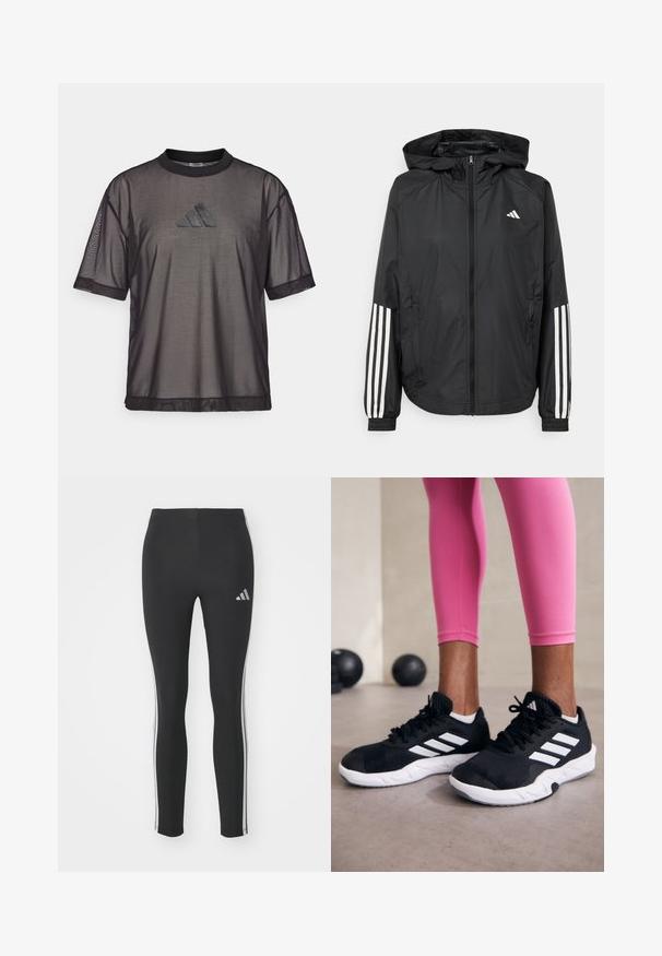 Svart lett jakke med hette, med full glidelås foran, elastiske mansjetter og hvite tre-stripes detaljer på ermene.; Svart mesh kortermet T-skjorte med rund hals og en teksturert Adidas-logo på brystet. Har et pustende stoff for ventilasjon.; Sorte leggings laget av elastisk materiale med hvite sidestriper og en liten reflekterende logo øverst til venstre.; Svarte treningssko med hvite striper, teksturert mesh-overdel og hvit såle. Brukt med rosa leggings, som viser frem treningsklær.