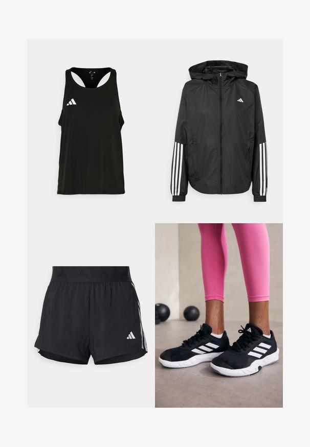 Čierna ľahká bunda s kapucňou, s celoprsným zipsom, elastickými manžetami a bielymi trojprúžkovými akcentmi na rukávoch.; Čierny športový tielko s okrúhlym výstrihom a otvoreným chrbtom. Na ľavej strane hrude sa nachádza biele logo Adidas. Mäkká, ľahká tkanina.; Čierne športové šortky s elastickým pásom, ktorý má textúrovanú pruh, bočné pruhy a biely logo Adidas na dolnom leme.; Čierne atletické topánky s bielymi pruhmi, textúrovaný sieťovaný zvršok a biela podrážka. Nosené s ružovými legínami, ukazujúce tréningové oblečenie.