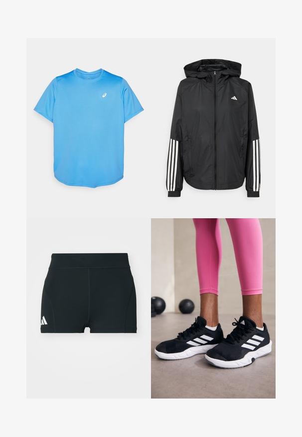Mustikas kerge jope kapuutsiga, eesmise täispika zipiga, elastsete varrukate ja valgete kolme triibu aktsentidega varrukatel.; Sinine lühikeste varrukatega sportlik T-särk, mis on valmistatud sünteetilisest materjalist, ümmarguse kaelusega ja peene logo vasakul rinnal.; Mustad mustad lühikesed püksid, mis on valmistatud venivast kangast, kõrge vöökoht, vormitud lõige ja vasakul küljel valge Adidas logo.; Mustad must sportlikud jalanõud valgete triipudega, tekstureeritud võrkkattega ülemine osa ja valge tallaga. Kombineeritud roosade retuusidega, tutvustades treeningriideid.