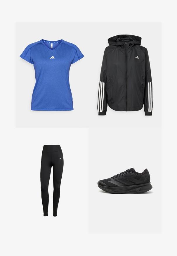 Svart lett jakke med hette, med full glidelås foran, elastiske mansjetter og hvite tre-stripes detaljer på ermene.; adidas Performance T-skjorte til trening - semi lucid blue; Sorte treningsleggings med høy midje. Laget av elastisk stoff med en hvit logo detalj på øvre venstre side.; Svarte joggesko med pustende mesh-overdel, avrundet tå, slankt design, teksturerte detaljer og en polstret såle for komfort.