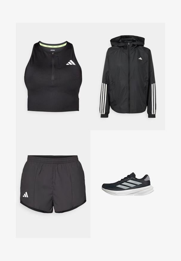 Sort letvægtsjakke med hætte, der har fuld lynlås fortil, elastiske manchetter og hvide tre-stribede detaljer på ærmerne.; Sort trænings crop top med lynlås foran, lavet af glat stof. Har en grøn indvendig halsudskæring og et hvidt logo på siden.; Sorte atletiske shorts lavet af letvægtsstof, med en elastisk talje og et hvidt Adidas-logo på nederste venstre side.; Sort løbesko med mesh-overdel, tre sølvstriber, hvid mellemsål og struktureret ydersål. Har polstret krave og snørelukning.